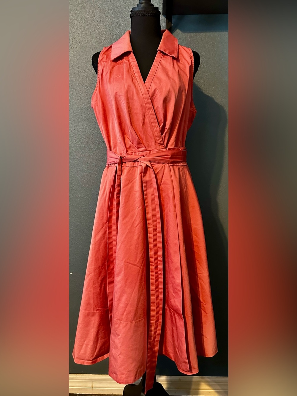 Gal Meets Glam Coral Wrap Midi Dress with Tie Waist